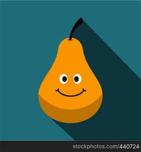 Yellow smiling pear icon. Flat illustration of yellow smiling pear vector icon for web on baby blue background. Yellow smiling pear icon, flat style