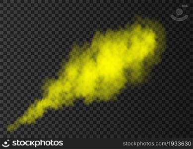 Yellow smoke burst isolated on transparent background. Color steam explosion special effect. Realistic vector column of fire fog or mist texture .