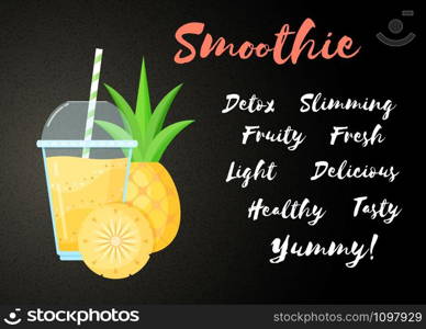 Yellow smoothie pineapple cocktail flat vector illustration. Smoothie sign on black background, glass with cup and straw, filled with tasty yellow smoothies drink for natural restaurant food banner. Yellow smoothie pineapple cocktail flat illustration