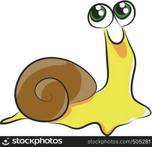 Yellow snail with green eyes vector illustration on white background.
