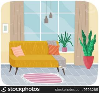 Yellow sofa with pillows in interior with striped carpet and large window. Living room interior with cozy furniture. Arrangement of furniture and decorations in apartment with couch and plants. Yellow sofa with pillows in interior design of apartment. Living room with cozy furniture