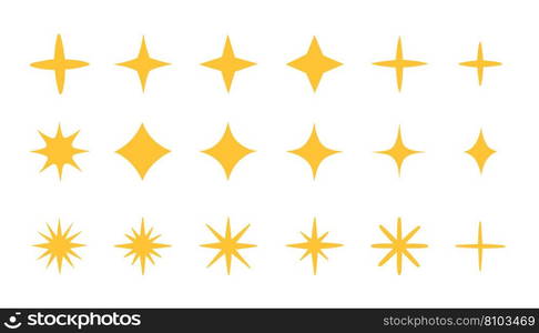 Yellow sparkles set, vector sparkling stars, shiny flashes of fireworks. Set of star elements of various shapes. Vector illustration