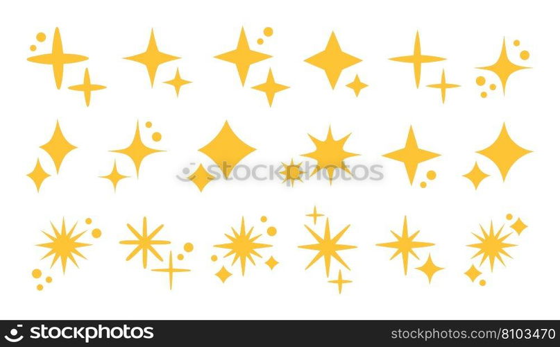 Yellow sparkles set, vector sparkling stars, shiny flashes of fireworks. Set of star elements of various shapes. Vector illustration