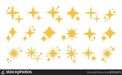 Yellow sparkles set, vector sparkling stars, shiny flashes of fireworks. Set of star elements of various shapes. Vector illustration