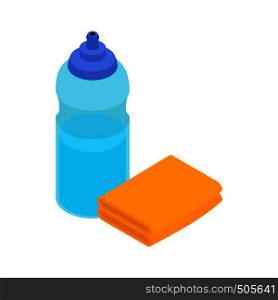 Yellow sponge and bottle icon in isometric 3d style on a white background. Yellow sponge and bottle icon, isometric 3d style