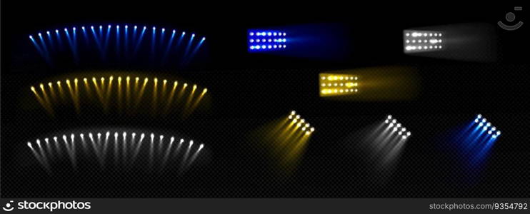 Yellow stadium concert show light isolated set. Blue spotlight reflector effect vector realistic soccer projector lamp glow. 3d football disco sparkle with blur for fun arena entertainment design. Yellow stadium concert show light isolated set