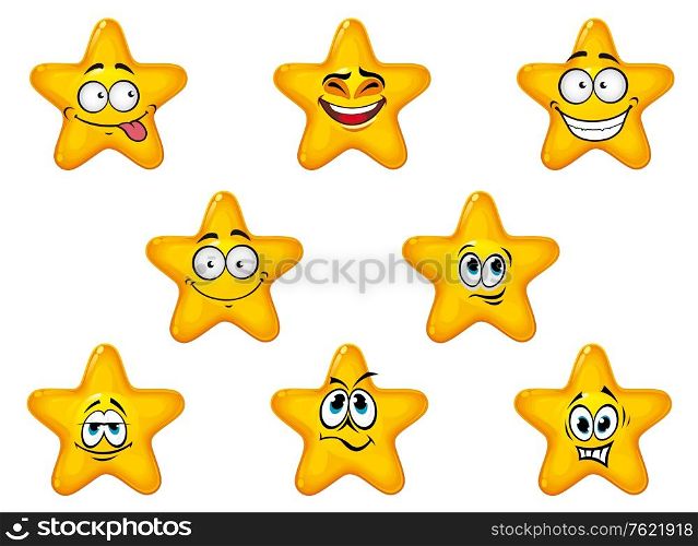 Yellow stars with happy anf cheerful emotions isolated on white background