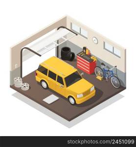 Yellow station wagon and bicycle in car repair and maintenance garage service isometric interior view vector illustration . Car Maintenance Service Isometric Interior