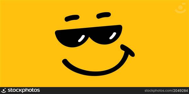 Yellow, stay or be cool with happy face and sunglasses. Cartoon vector success quotes for banner or card. Relaxing and chill, motivation and inspiration message. Comic sun glasses quote.