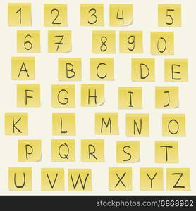 Yellow stickers. Set of yellow stickers with written alphabet letters and numbers