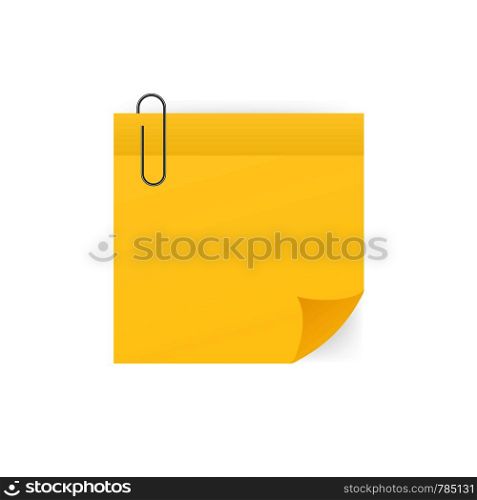 Yellow sticky note with paper clip isolated on white background. Vector stock illustration. Yellow sticky note with paper clip isolated on white background. Vector illustration