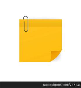 Yellow sticky note with paper clip isolated on white background. Vector stock illustration. Yellow sticky note with paper clip isolated on white background. Vector illustration