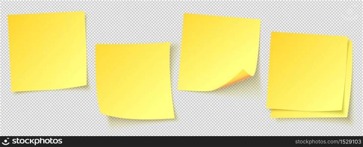 Yellow sticky notes. Realistic square paper reminders with shadow. Notepaper page for message or project isolated on transparent background. Paper element template vector illustration. Yellow sticky notes. Realistic square paper reminders with shadow. Notepaper page for message or project