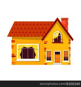 Yellow stone house on a white background. Country house with a red roof, windows, &#xA;balcony and chimney. Element of design, advertising. Vector illustration, icon. Stock vector