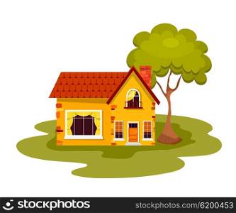 Yellow stone house with green tree on a white background. Country house with a red roof, &#xA;windows, balcony and chimney. Element of design, advertising. Vector illustration, icon. &#xA;Stock vector