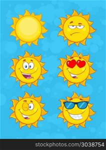 Yellow Sun Cartoon Emoji Face Character Set 1. Vector Collection With Blue Background
