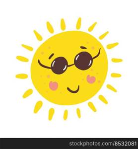 Yellow Sun Cartoon sunglasses happy face. Vector doodle hand drawn illustration. Yellow Sun Cartoon sunglasses happy face. Vector doodle hand drawn illustration.