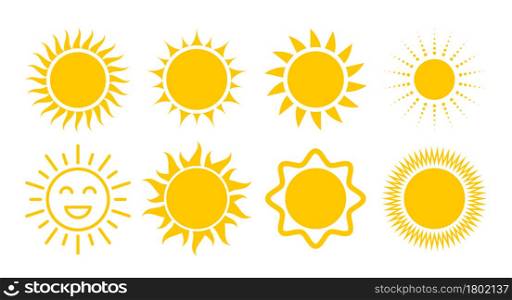 Yellow sun icon set. Various sun shapes symbols. Flat vector illustration isolated on white background.. Yellow sun icon set. Flat vector illustration isolated on white