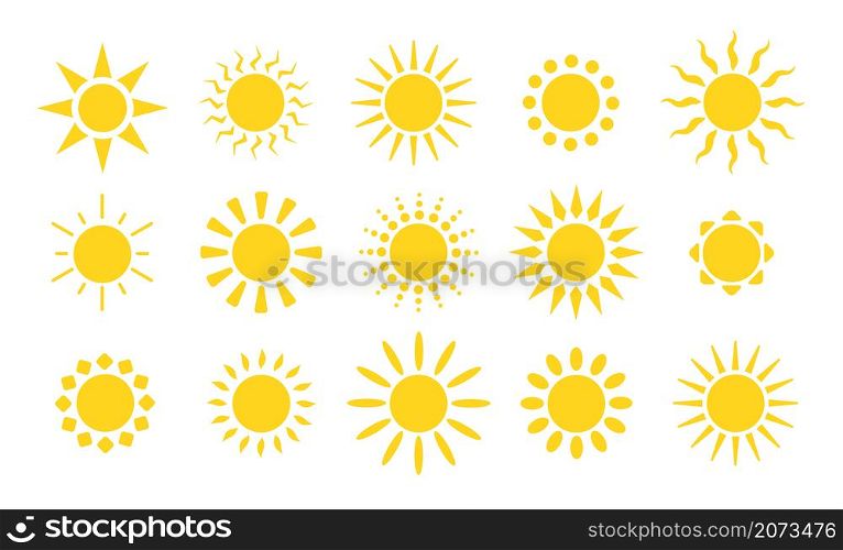 Yellow sun icons. Suns rays, flat sunny weather elements. Summer heat, isolated abstract sunrise or bright morning utter vector symbols set. Illustration sunny weather morning, yellow warm sunlight. Yellow sun icons. Suns rays, flat sunny weather elements. Summer heat, isolated abstract sunrise or bright morning utter vector symbols set