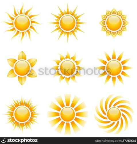 Yellow sun vector icons isolated on white background.
