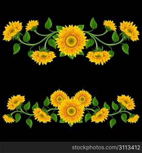 Yellow sunflowers on the black background. Design element.
