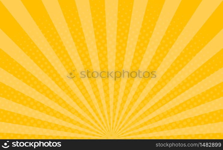 Yellow sunrays background with halftone effect. Shine sunburst for comic book. Pop art banner with dots. Summer backdrop in retro style. Design frame with star beam. vintage vector illustration. Yellow sunrays background with halftone effect. Shine sunburst for comic book. Pop art banner with dots. Summer backdrop in retro style. Design graphic frame with star beam. vintage vector