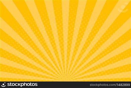 Yellow sunrays background with halftone effect. Shine sunburst for comic book. Pop art banner with dots. Summer backdrop in retro style. Design frame with star beam. vintage vector illustration. Yellow sunrays background with halftone effect. Shine sunburst for comic book. Pop art banner with dots. Summer backdrop in retro style. Design graphic frame with star beam. vintage vector