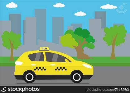 Yellow taxi car on the city road,city transport,vector illustration. Yellow taxi car on the city road,