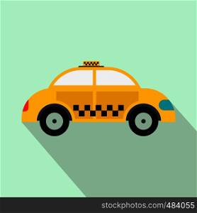 Yellow taxi flat icon on a light blue background. Yellow taxi flat icon