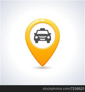 Yellow taxi icon. Map pin with taxi car sign. Vector illustration. Yellow taxi icon. Map pin with taxi car sign.