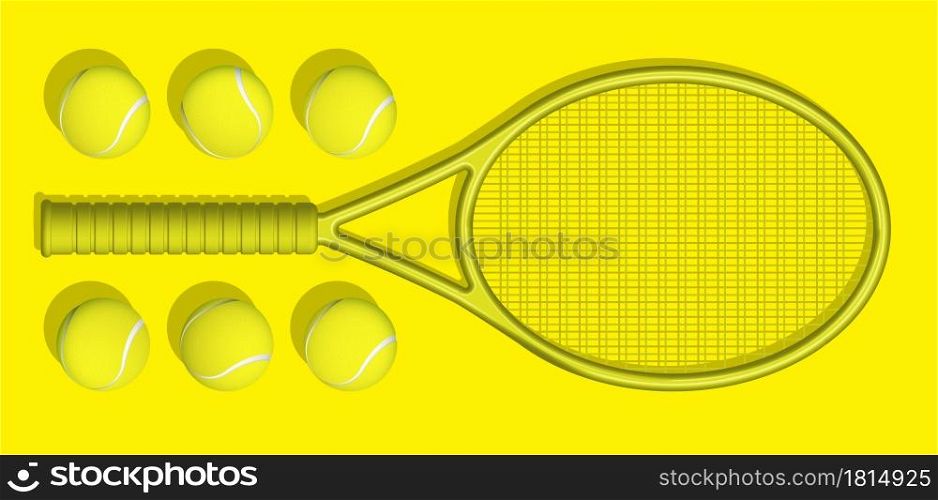 yellow tennis rackets and balls lie on yellow background of tennis court. Sport equipment and inventory. Realistic vector