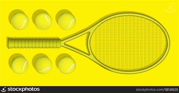 yellow tennis rackets and balls lie on yellow background of tennis court. Sport equipment and inventory. Realistic vector