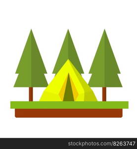 Yellow tent in the woods. Outdoor activity. C&and hike. c&fire and rest in forest. Trip to nature. Cartoon flat illustration. Yellow tent in the woods.