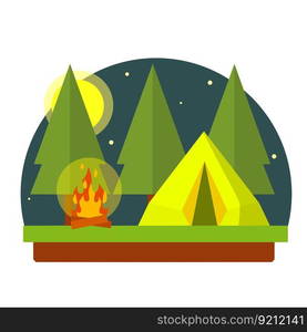 Yellow tent in the woods. Trip to nature. Outdoor activity. Camp and hike. Trees and night with moon. campfire and rest in forest.. Yellow tent in the woods. Trip to nature.