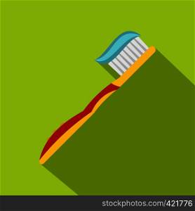 Yellow toothbrush with toothpaste icon. Flat illustration of yellow toothbrush with toothpaste vector icon for web isolated on lime background. Yellow toothbrush with toothpaste icon, flat style