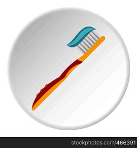Yellow toothbrush with toothpaste icon in flat circle isolated on white background vector illustration for web. Yellow toothbrush with toothpaste icon circle