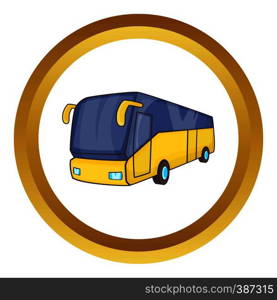 Yellow tourist bus vector icon in golden circle, cartoon style isolated on white background. Yellow tourist bus vector icon