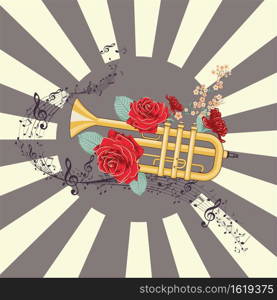 Yellow trumpet with red roses and music notes illustration.