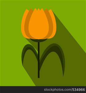 Yellow tulip icon in flat style on a green background. Yellow tulip icon, flat style