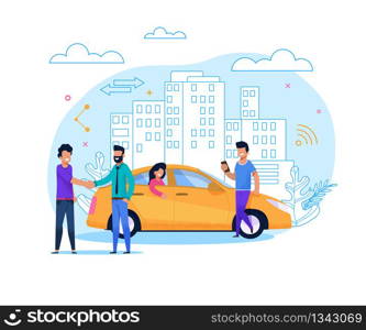 Yellow Uber Taxi Share. Businessman Order Vehicle on Street by Smartphone App. Modern Transport Rent and Carsharing for People. Man Character at Urban Cityscape. Flat Illustration.. Yellow Taxi Order or Share. Flat Line Illustration