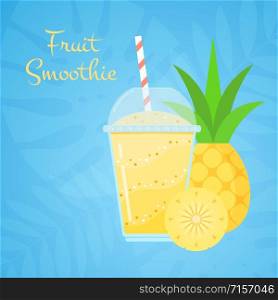 Yellow vitamin natural pineapple smoothie vector illustration. Layered juicy pulp beverage or protein shake cocktail with pineapple fruit on blue tropical background for smoothies cafe design. Yellow vitamin natural pineapple smoothie banner