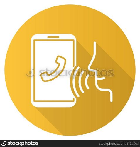 Yellow voice dialing flat design long shadow glyph icon. Smartphone call idea. Voice control, speech recognition. Phone conversation. Cellphone function, dialogue. Vector silhouette illustration