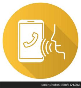 Yellow voice dialing flat design long shadow glyph icon. Smartphone call idea. Voice control, speech recognition. Phone conversation. Cellphone function, dialogue. Vector silhouette illustration