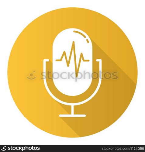 Yellow voice recording process flat design long shadow glyph icon. Sound recorder idea. Soundwave, waveform, speaker. Speech signal, voice message accessory. Vector silhouette illustration