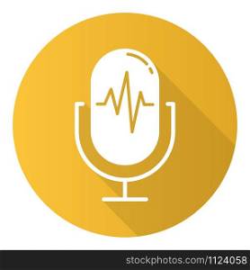 Yellow voice recording process flat design long shadow glyph icon. Sound recorder idea. Soundwave, waveform, speaker. Speech signal, voice message accessory. Vector silhouette illustration