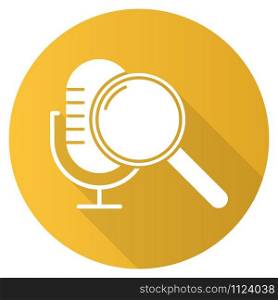 Yellow voice search command flat design long shadow glyph icon. Sound request idea. Microphone and magnifier. Sound recorder, music equipment. Multimedia tool. Vector silhouette illustration