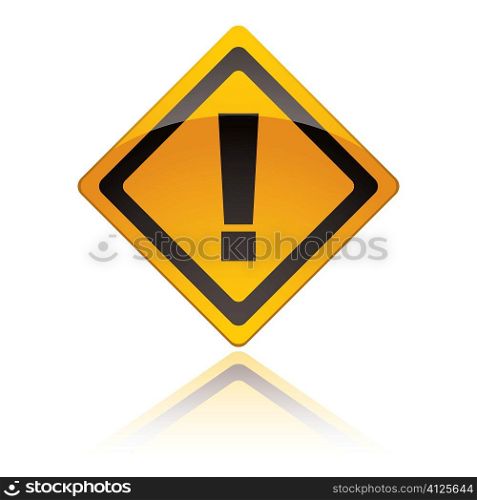 Yellow warning sign icon with exclamation mark with reflection
