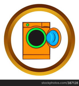 Yellow washing machine vector icon in golden circle, cartoon style isolated on white background. Yellow washing machine vector icon