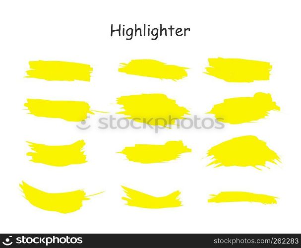 Yellow watercolor hand drawn highlight set. Vector highlighter brush lines. Marker pen highlight underline strokes.. Yellow watercolor hand drawn highlight set. Vector highlighter brush lines. Marker pen highlight underline strokes