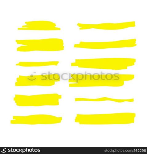 Yellow watercolor hand drawn highlight set. Vector highlighter brush lines. Marker pen highlight underline strokes.. Yellow watercolor hand drawn highlight set. Vector highlighter brush lines. Marker pen highlight underline strokes